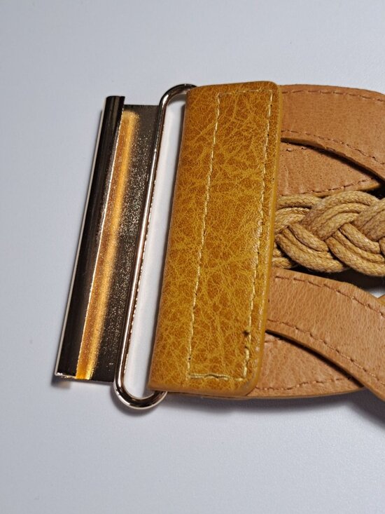Womens Gold Elastic Waist Belt With Braided Faux Leather Accent & Metal Clasp - Picture 6 of 10